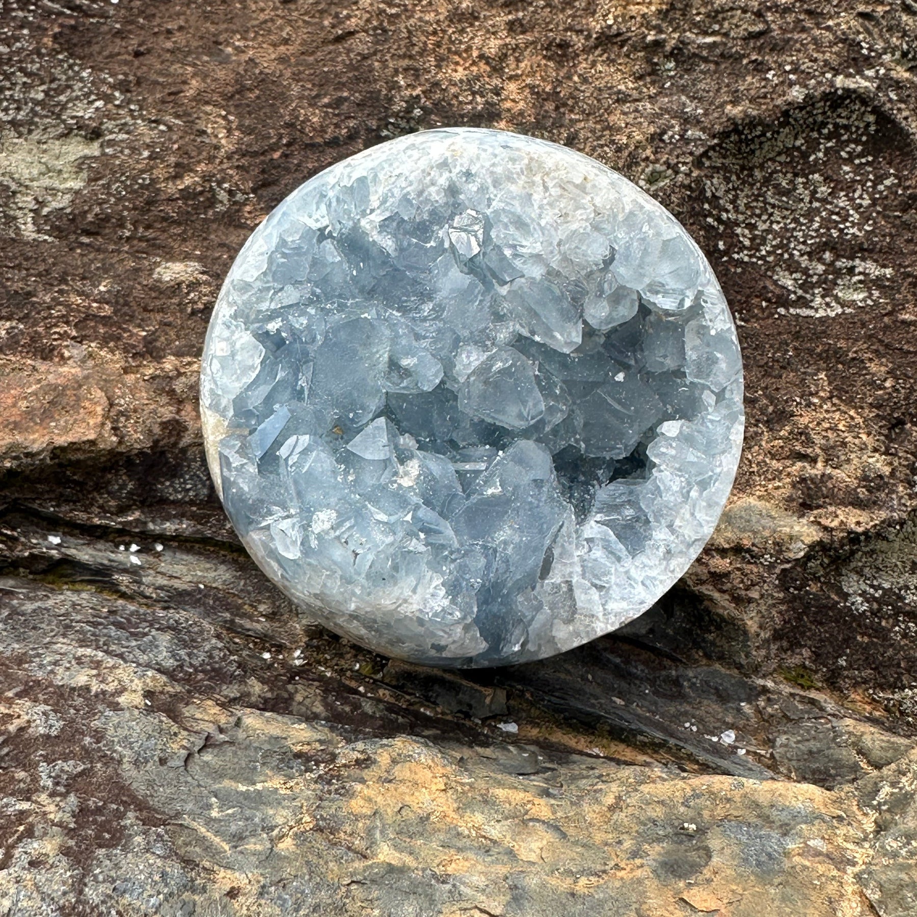 Blue Celestite Sphere On A Boulder