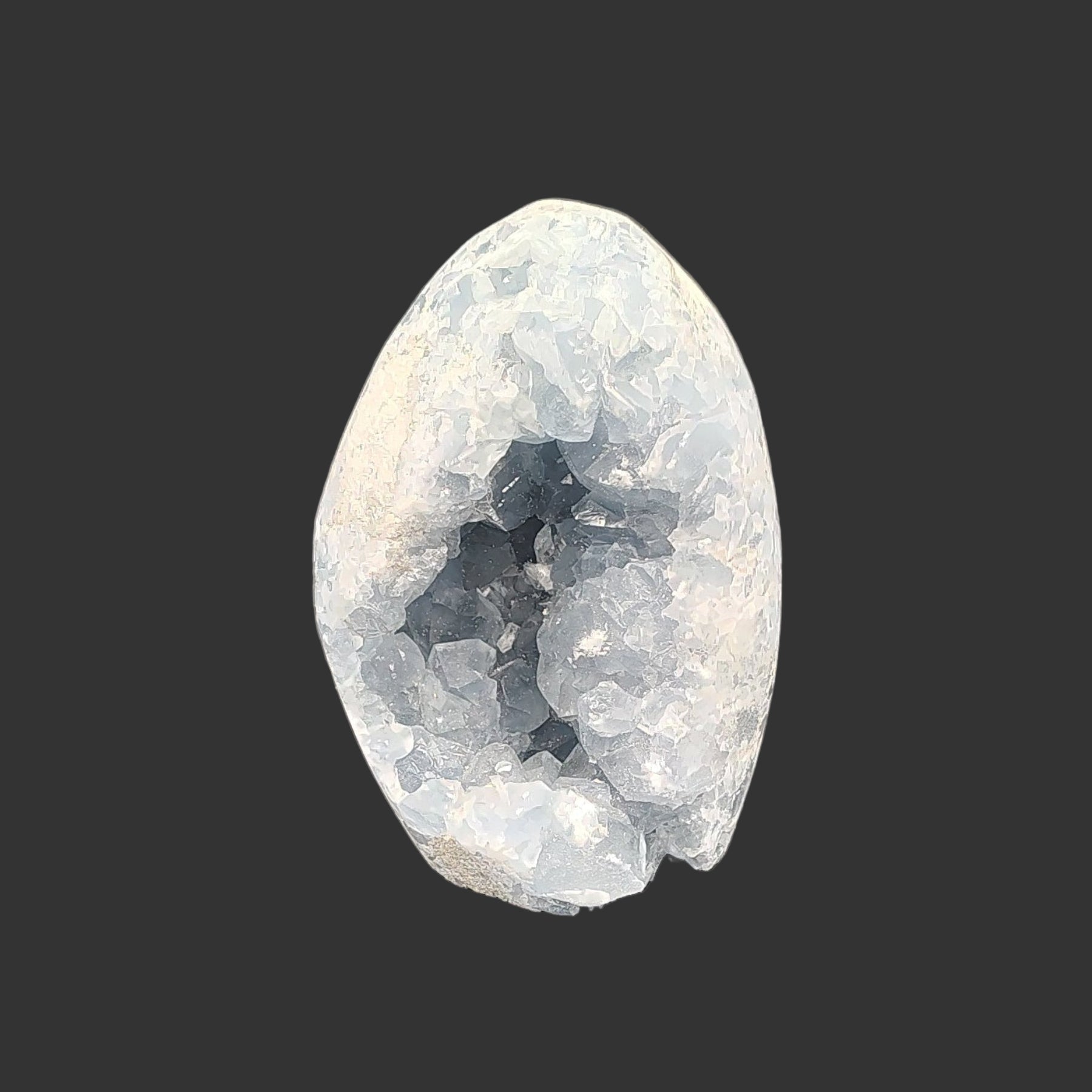 On the front side of this blue celestite geode is the opening of the blue crystal cavity.