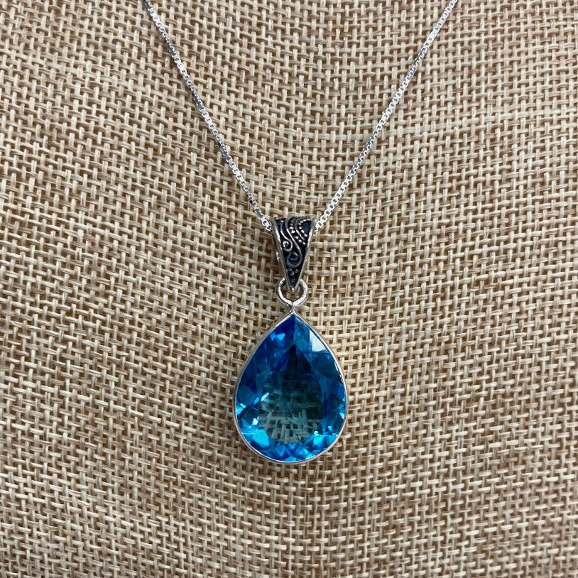 Blue Topaz Bezel Set Pear Shape Pendant Sterling Silver Necklace