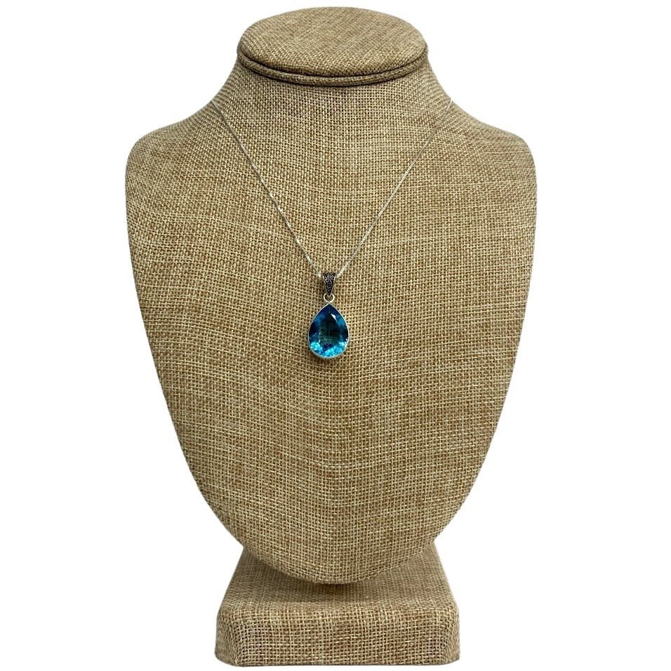 Blue Topaz Bezel Set Pear Shape Pendant Sterling Silver Necklace