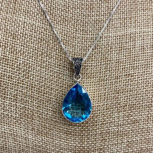 Blue Topaz Bezel Set Pear Shape Pendant Sterling Silver Necklace