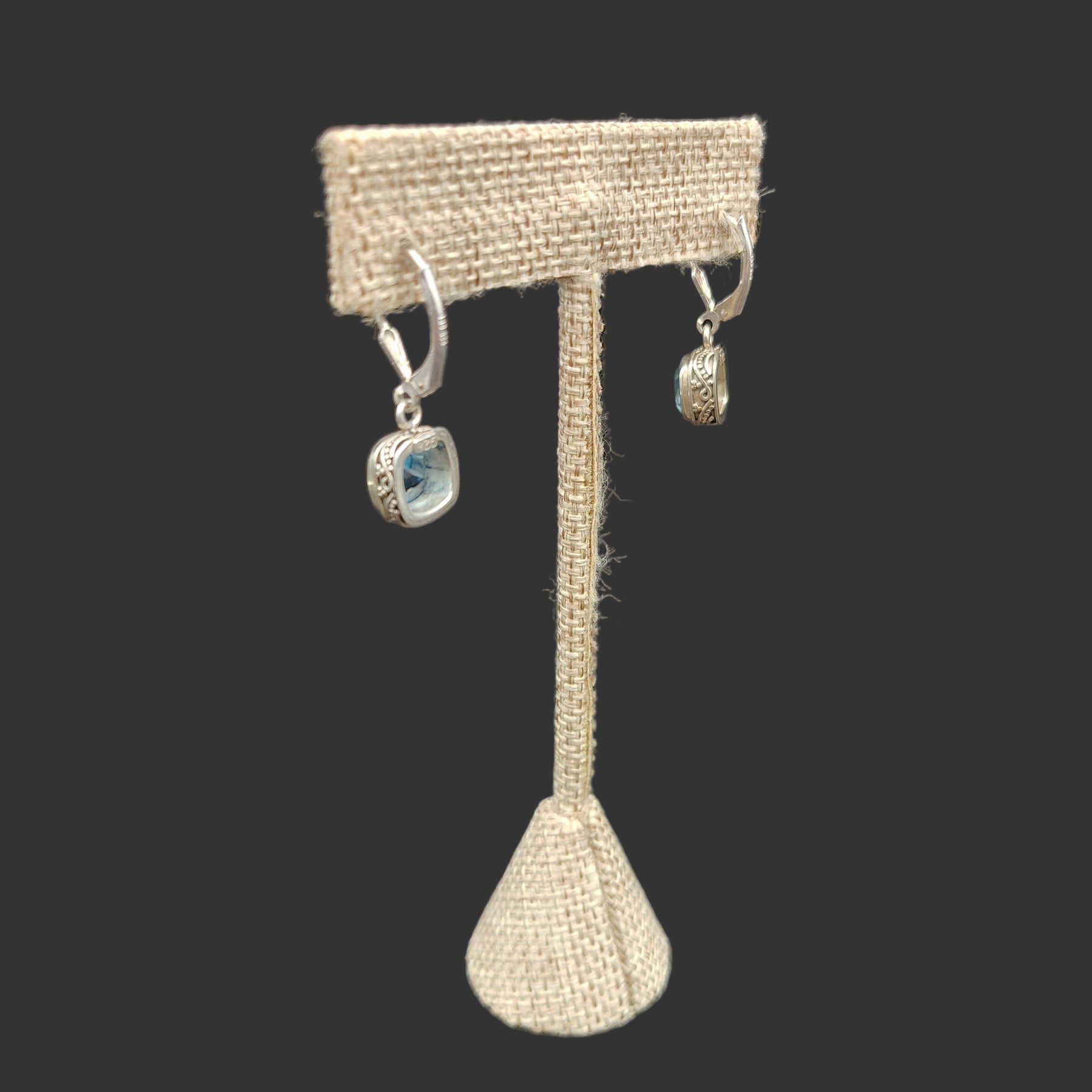 This is the back side of these sterling silver and blue topaz earrings