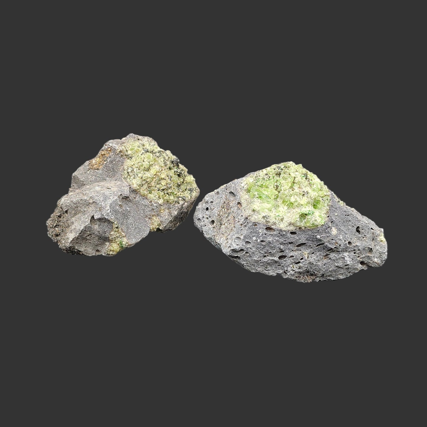 Two Peridot stones.  This is an example of one pound of Peridot.