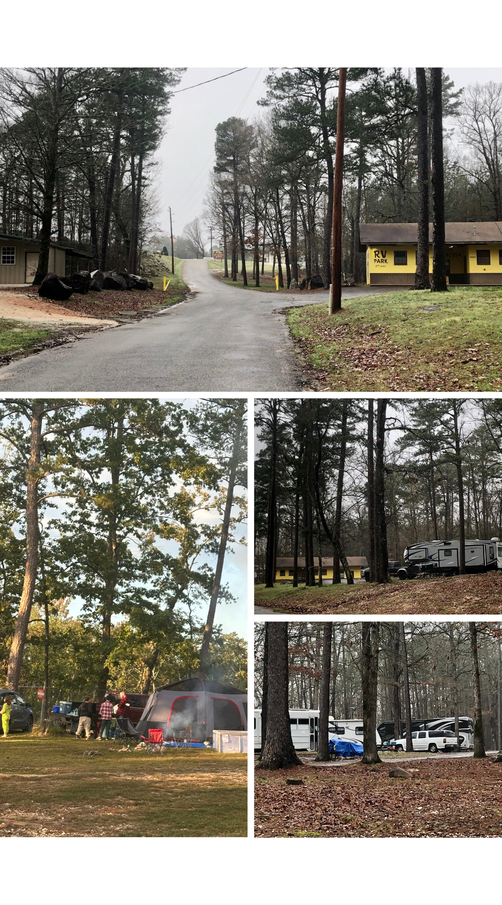 Street with building, tents, automobiles and motorhomes in a campground