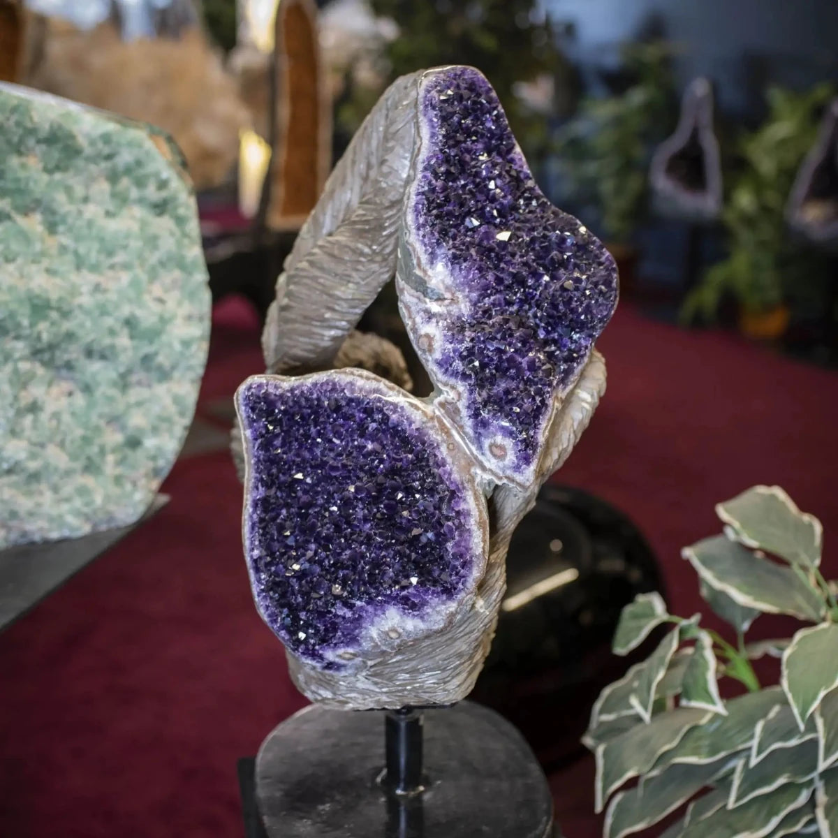 Artisan Hand Carved Amethyst Sculpture Floral Motif Black Rotating Base