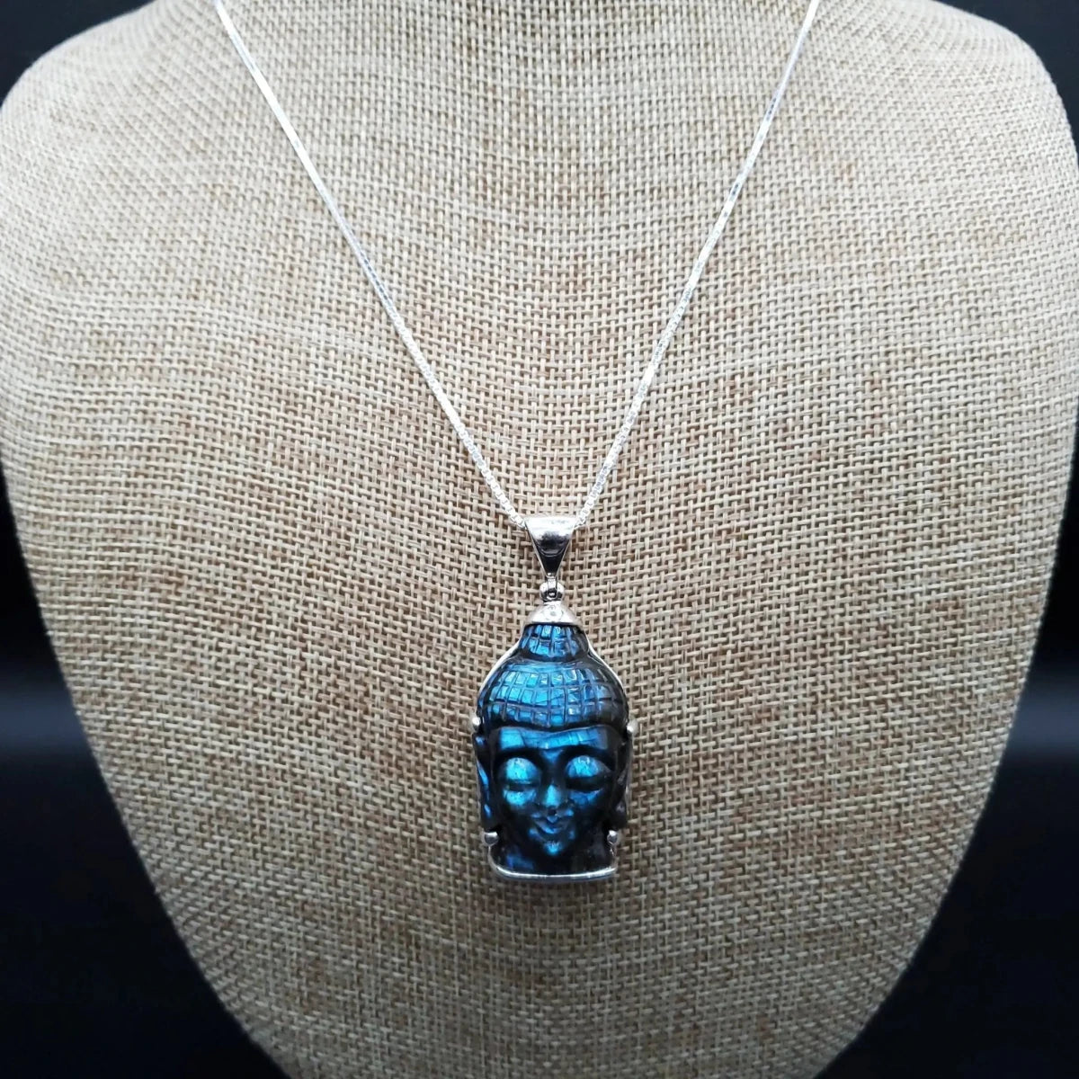 Carved Labradorite Shiva Pendant with Sterling Silver Chain
