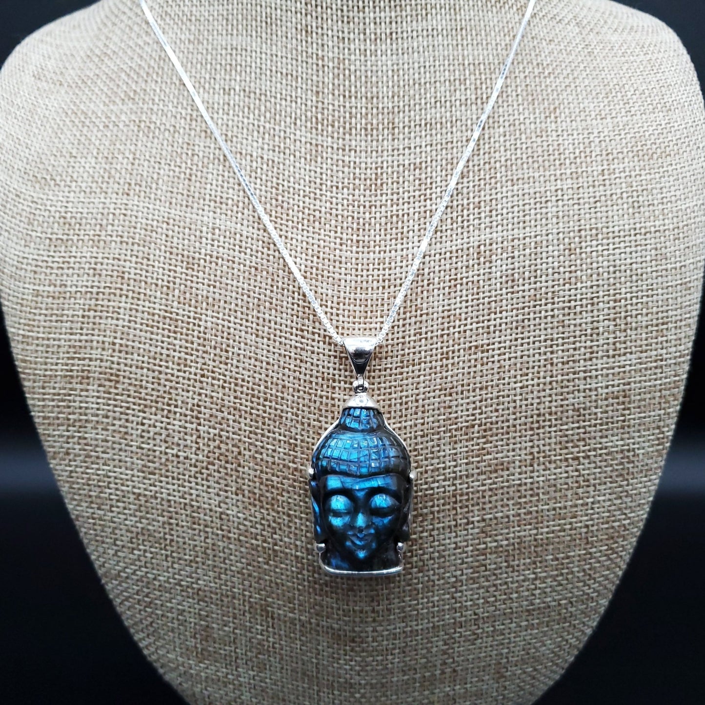 Carved Labradorite Shiva Pendant with Sterling Silver Chain