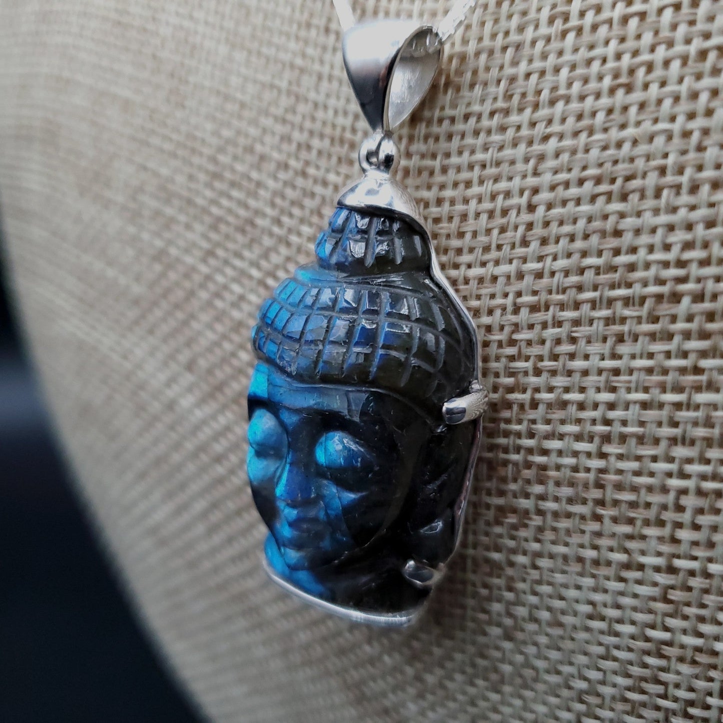 Carved Labradorite Shiva Pendant with Sterling Silver Chain