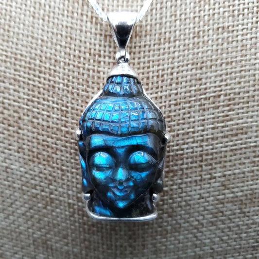 Close Up Carved Labradorite Shiva Pendant with Sterling Silver Chain