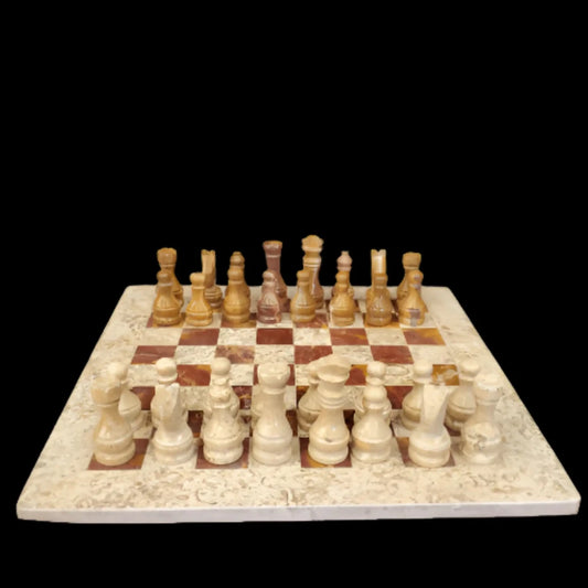 Carved Mineral Board Games Brown/Red Onyx Chess Set top view