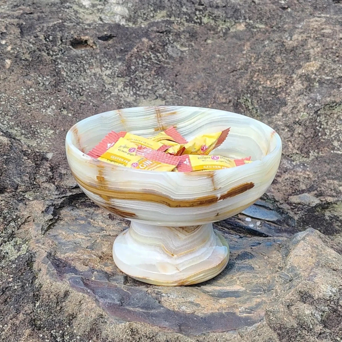This is a close up of this Onyx candy bowl in outdoor natural light