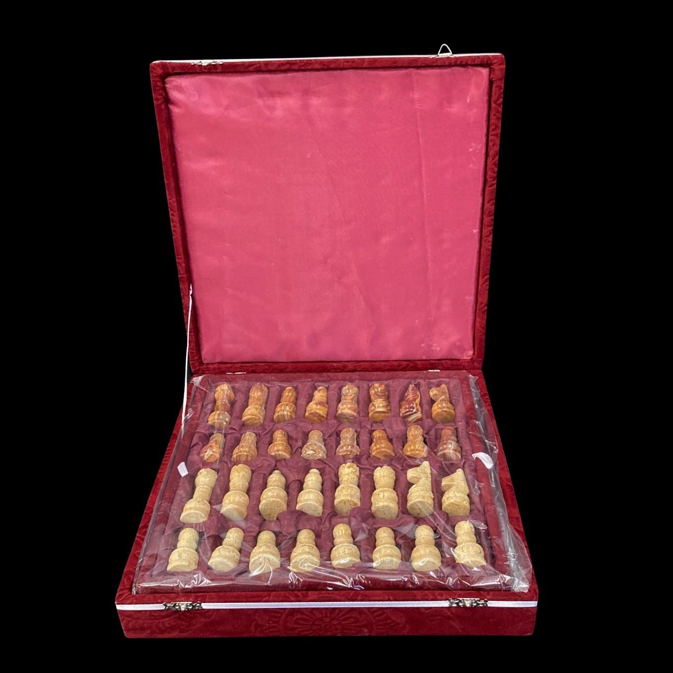 Chess Set Hand Carved Onyx Fossil With Carrying Case