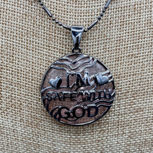 Christian Jewelry Rose Quartz Necklace, Im Safe With God Pendant