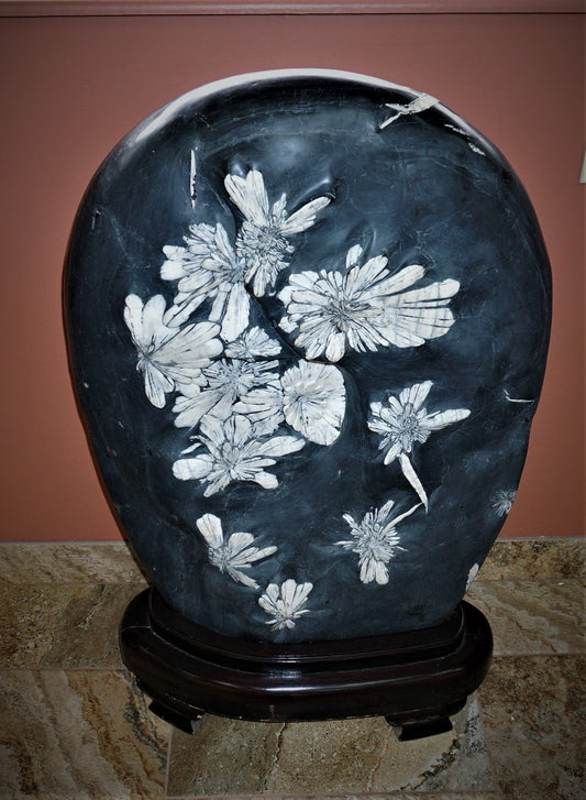 Chrysanthemum Flower Stone Crystal On Ornate Wood Base Lucky Stone