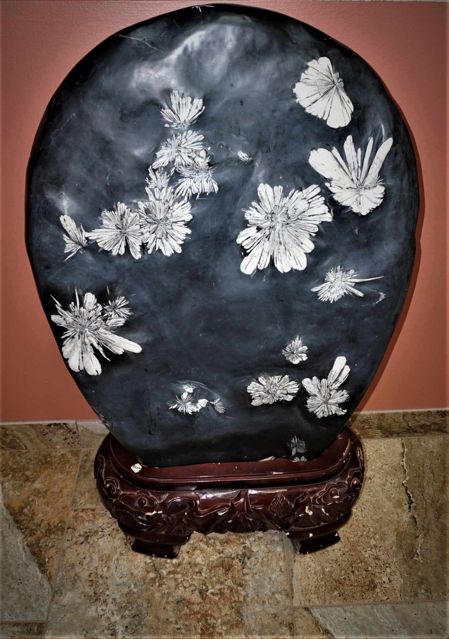 Chrysanthemum Stone Custom Cherry Tone Wood Base Flower Stone