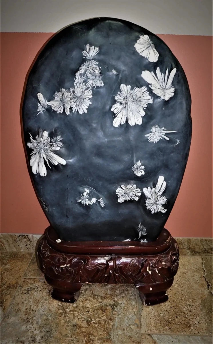 Chrysanthemum Stone Custom Cherry Tone Wood Base Flower Stone