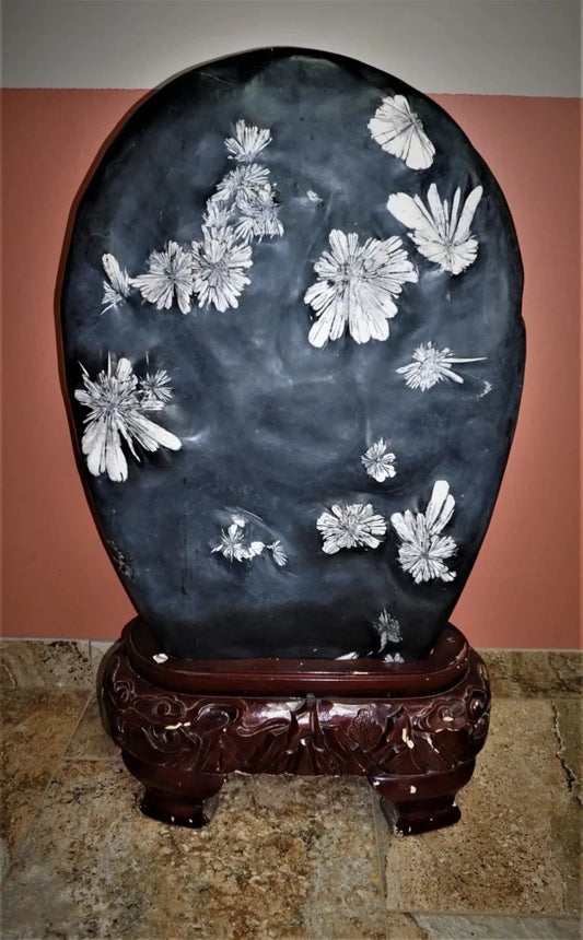 Chrysanthemum Stone Custom Cherry Tone Wood Base Flower Stone