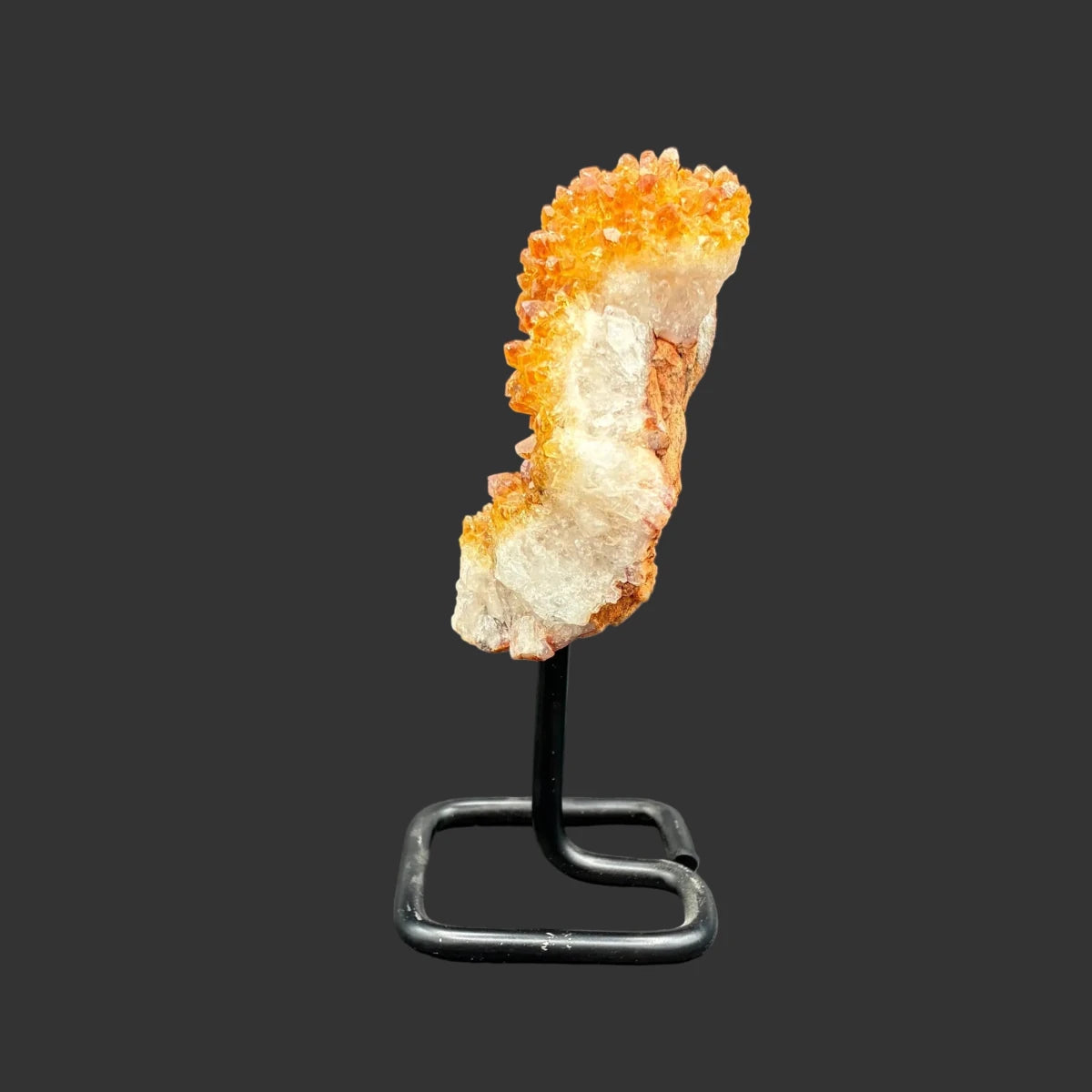Left side of the citrine on stand, in front of a black background.