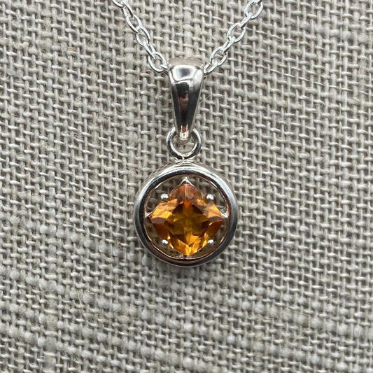 Citrine Pendant Necklace Sterling Rope Chain