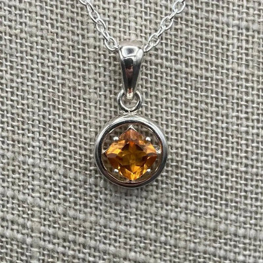 Citrine Pendant Necklace Sterling Rope Chain