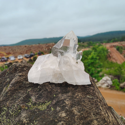 This is the front view of this clear Quartz crystal cluster in natural light