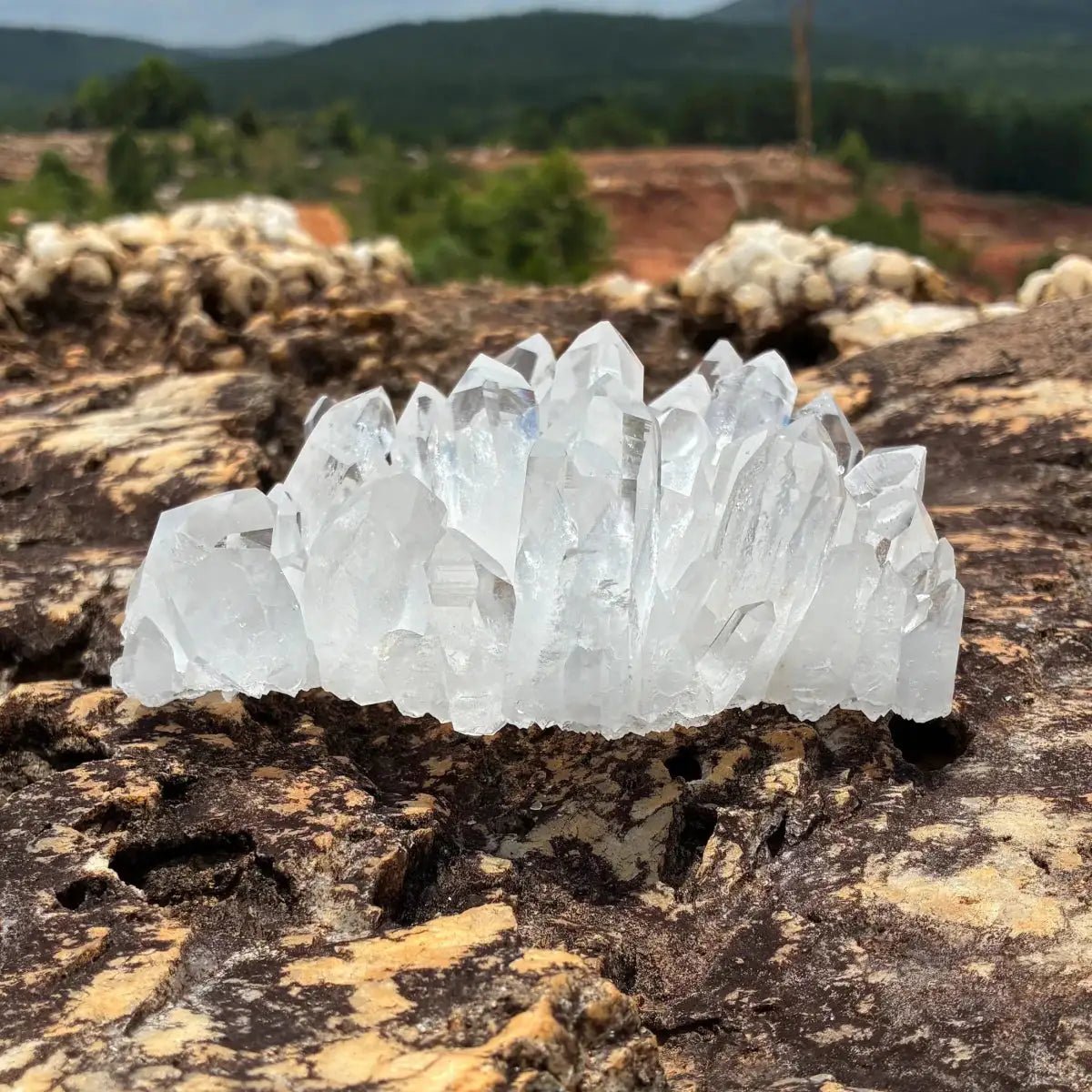 Back side of this clear Quartz crystal cluster, in a outdoor setting.