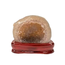 Load image into Gallery viewer, Agate Geode With Polished Edges Drusy Crystals On Wood Display
