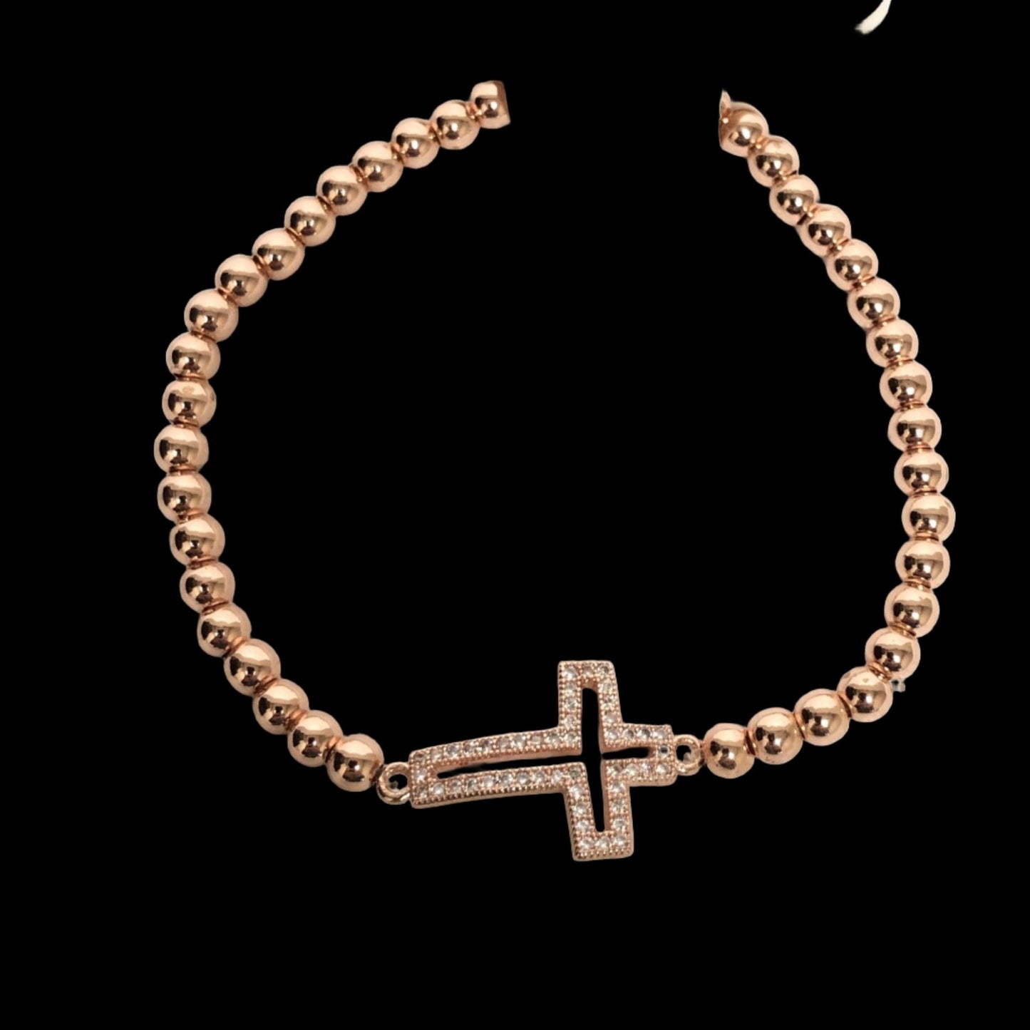 Cross Jewelry Stacking Beaded Stretch Bracelet Rose Gold Tone