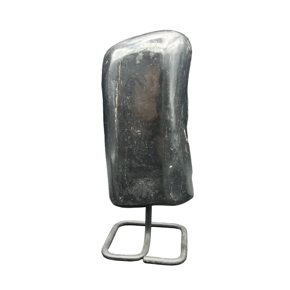 Back side of this petrified wood on a stand, in front of a white background.