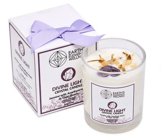 Divine Light Candle Crystal Candle, Jasmine Scent, Amethyst Heart, Clear Quartz Crystals