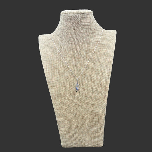 Sterling Silver box chain with a Dumotierite pendant attached.