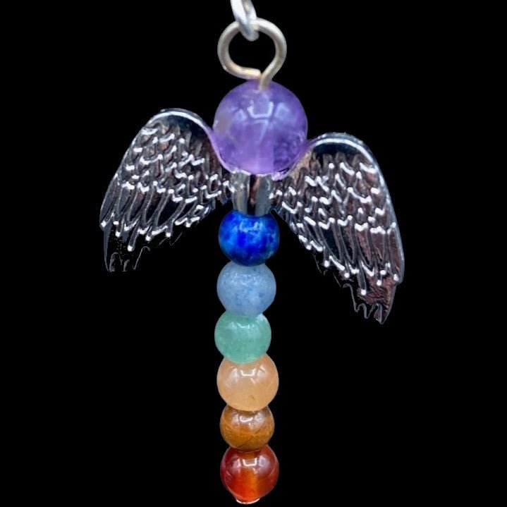 Earrings Chakra Small Rainbow Beads And Angel Wings Drop Style