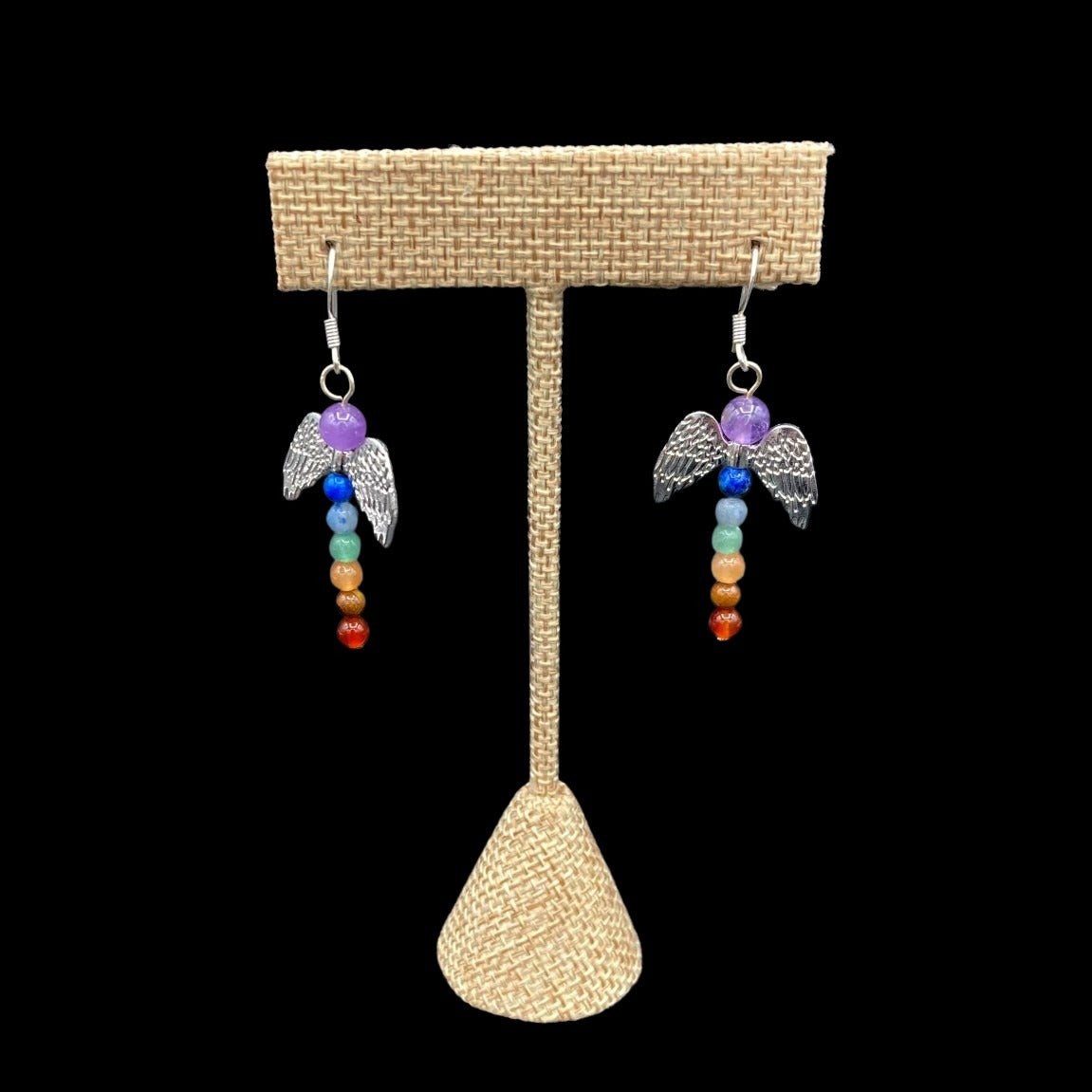 Earrings Chakra Small Rainbow Beads And Angel Wings Drop Style