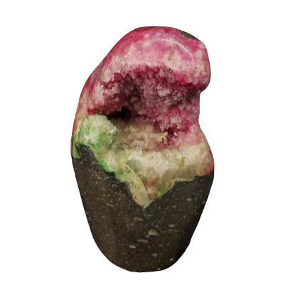 Front Side Of Pink and Green Druzy Quartz Sculpture Decor