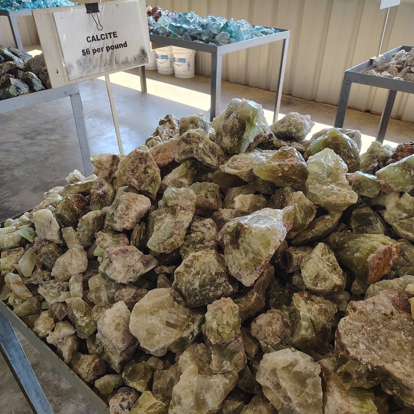 This is a picture of our emerald green calcite on site at Ron Coleman Mining