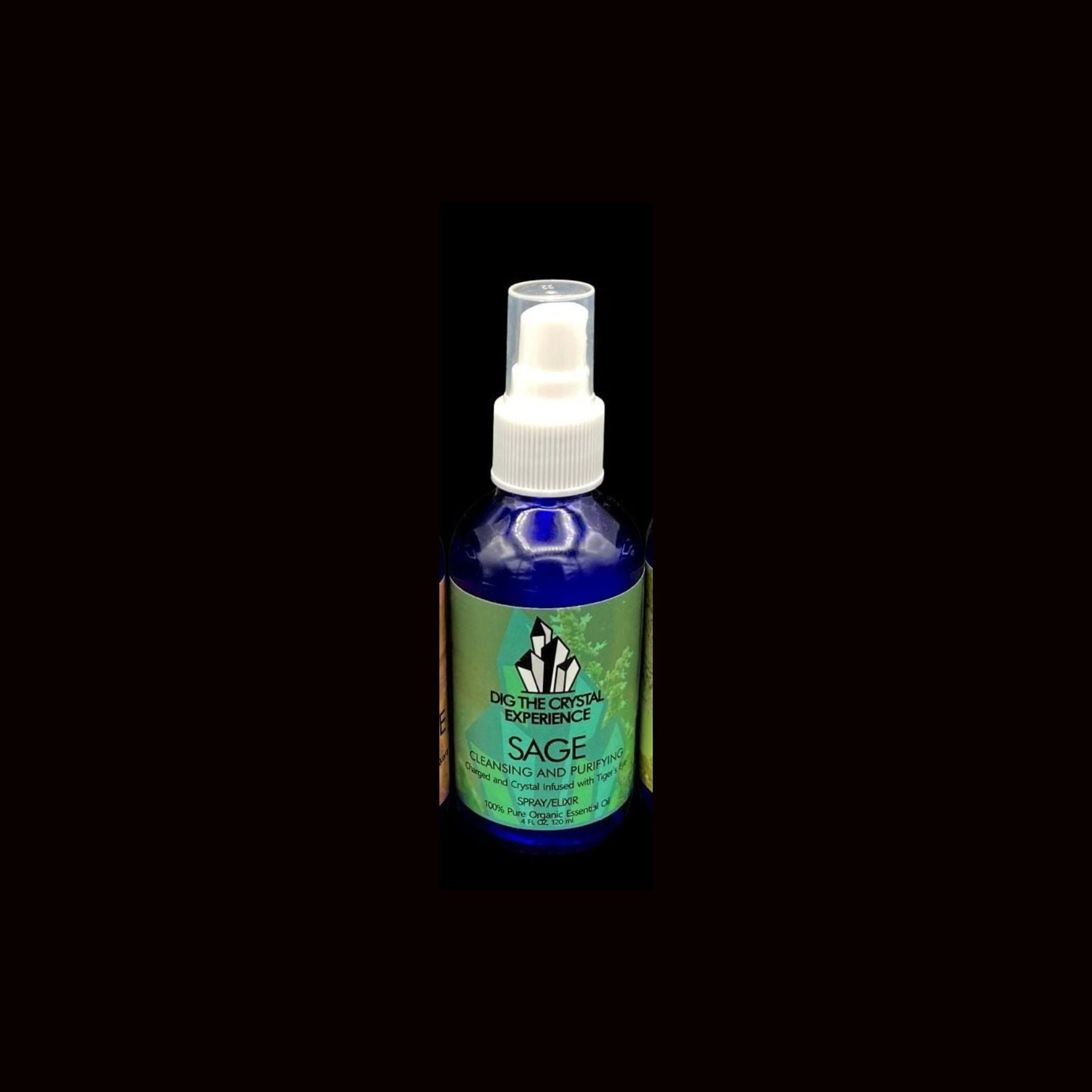 Bottle of Sage spray with a label on a black background