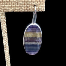 Load image into Gallery viewer, Close Up Of Fluorite Earrings, Hardware Is Polished Sterling Silver And The Fluorite Gemstone Is Oval Shaped And Striped Purple, Lilac, And Yellow

