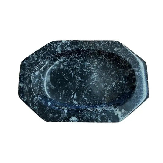 Front Side Of Polished Fossil Plate, Shiny Black And Gray Fossils All Throughtout