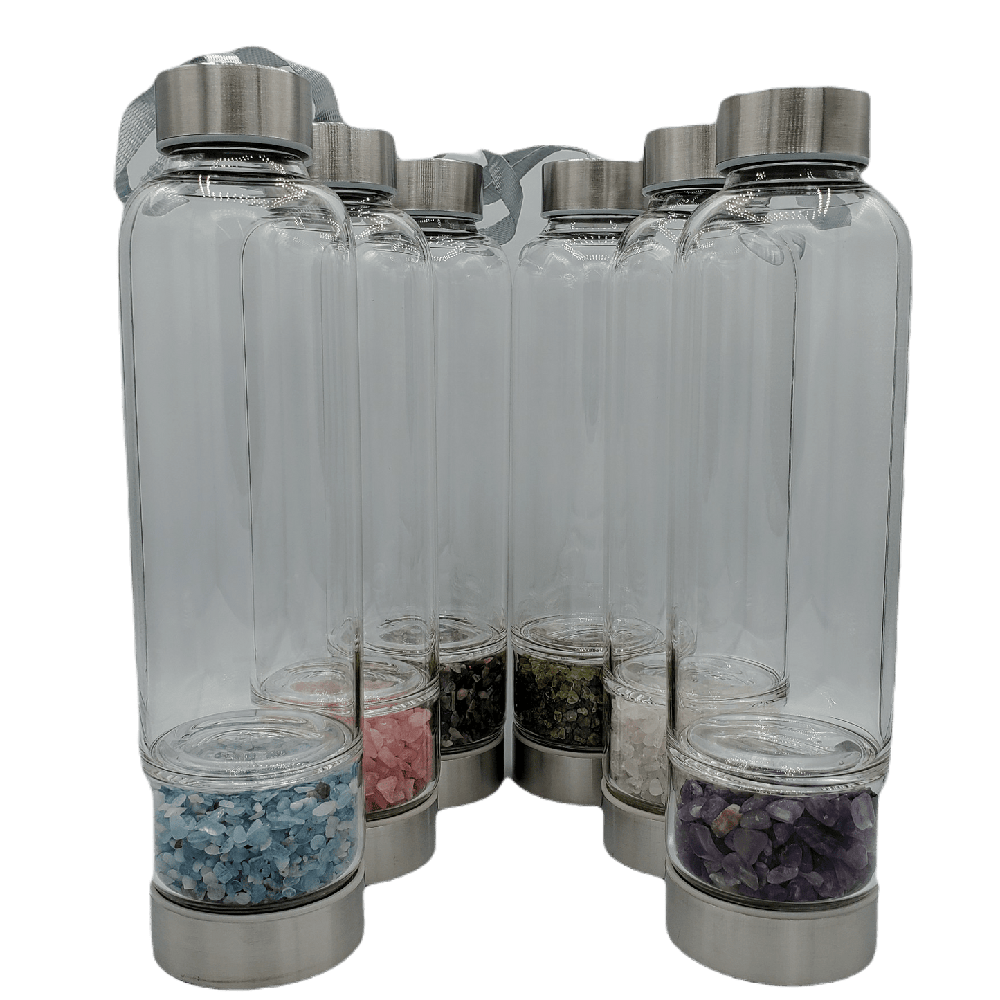 Gem Crystal Chip Glass Water Bottle Amethyst, Olivine, Rose Quartz, Aquamarine, Tourmaline