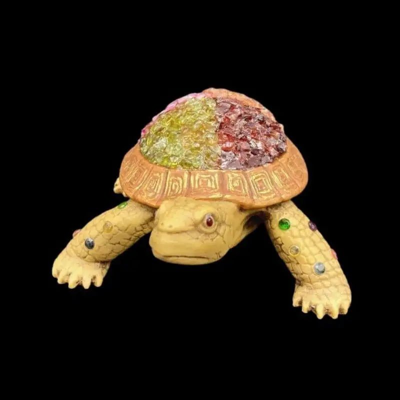 Front View Of Gemstone Turtle Figurine with ruby, peridot, amethyst stone chips