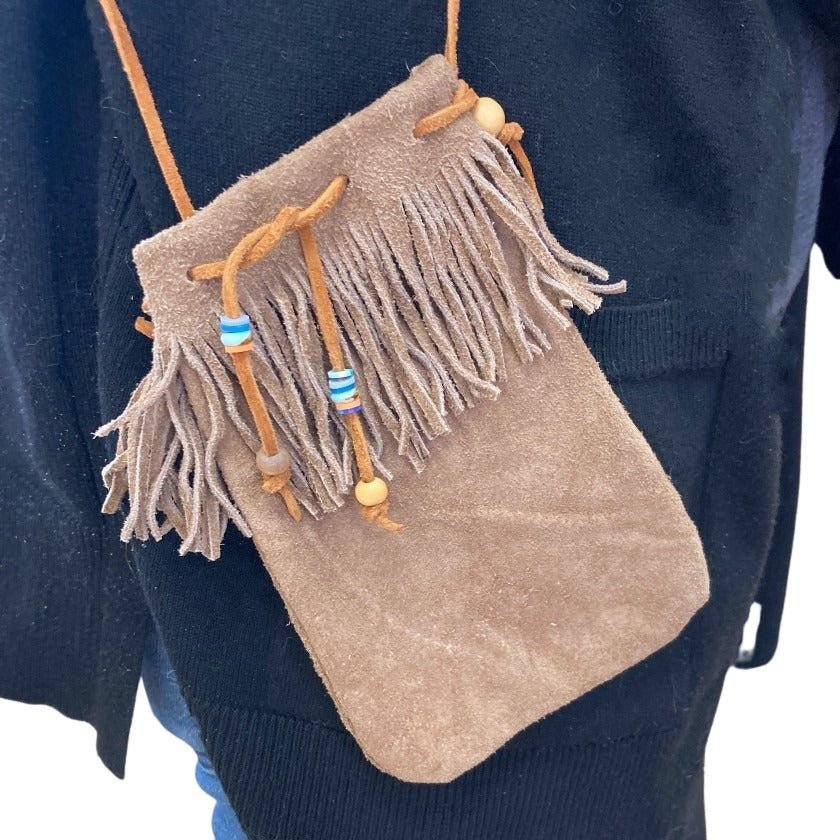 Genuine Fringe Leather Pouch Tan Suede