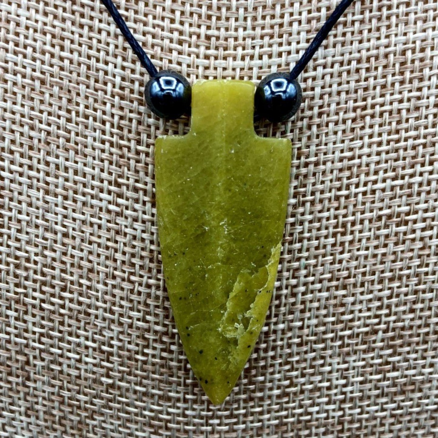 Green Olive Jade Arrowhead Hematite Pull String Arrowhead Necklace