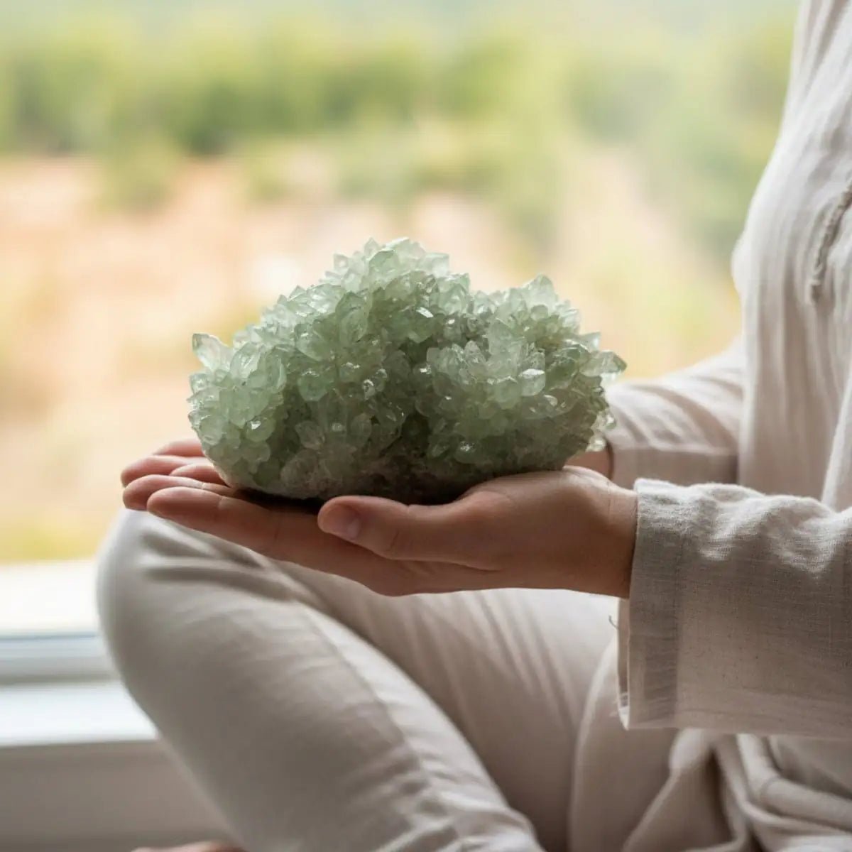 Green quartz stalagmite in the palm on hands during meditation.