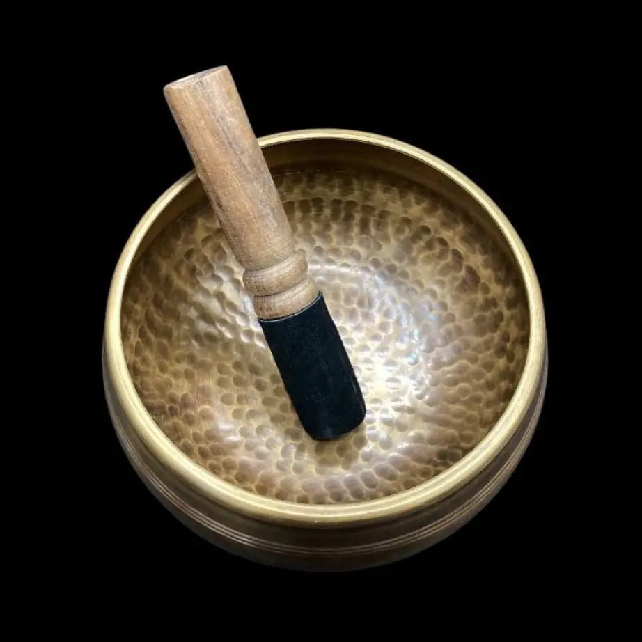 Top view of Hammered Copper Singing Bowl and mallet