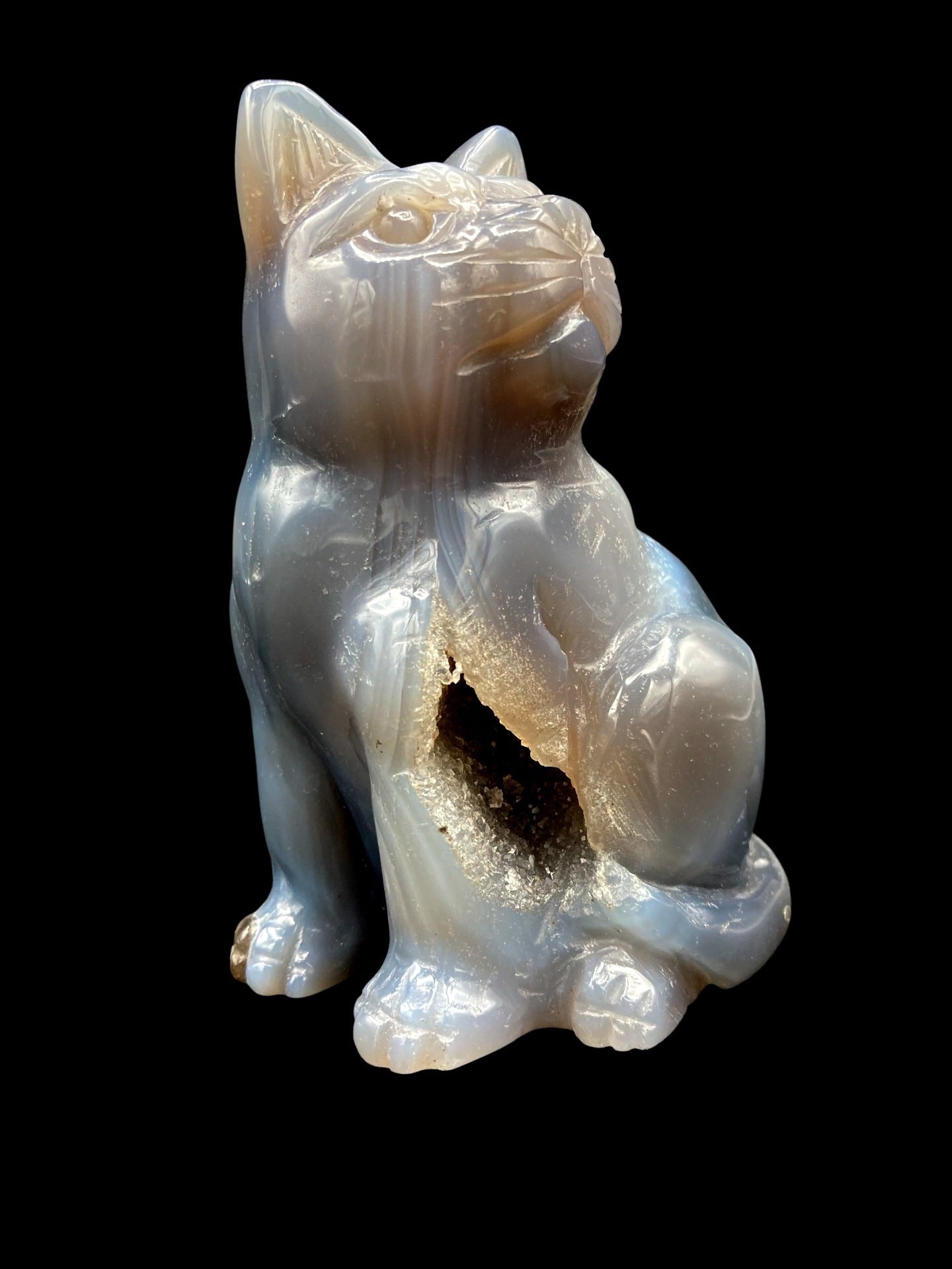 Hand Carved Agate With Druzy Cat Figurine Drusy Sculpture