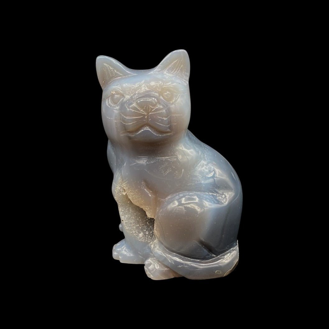 Hand Carved Agate With Druzy Cat Figurine Drusy Sculpture