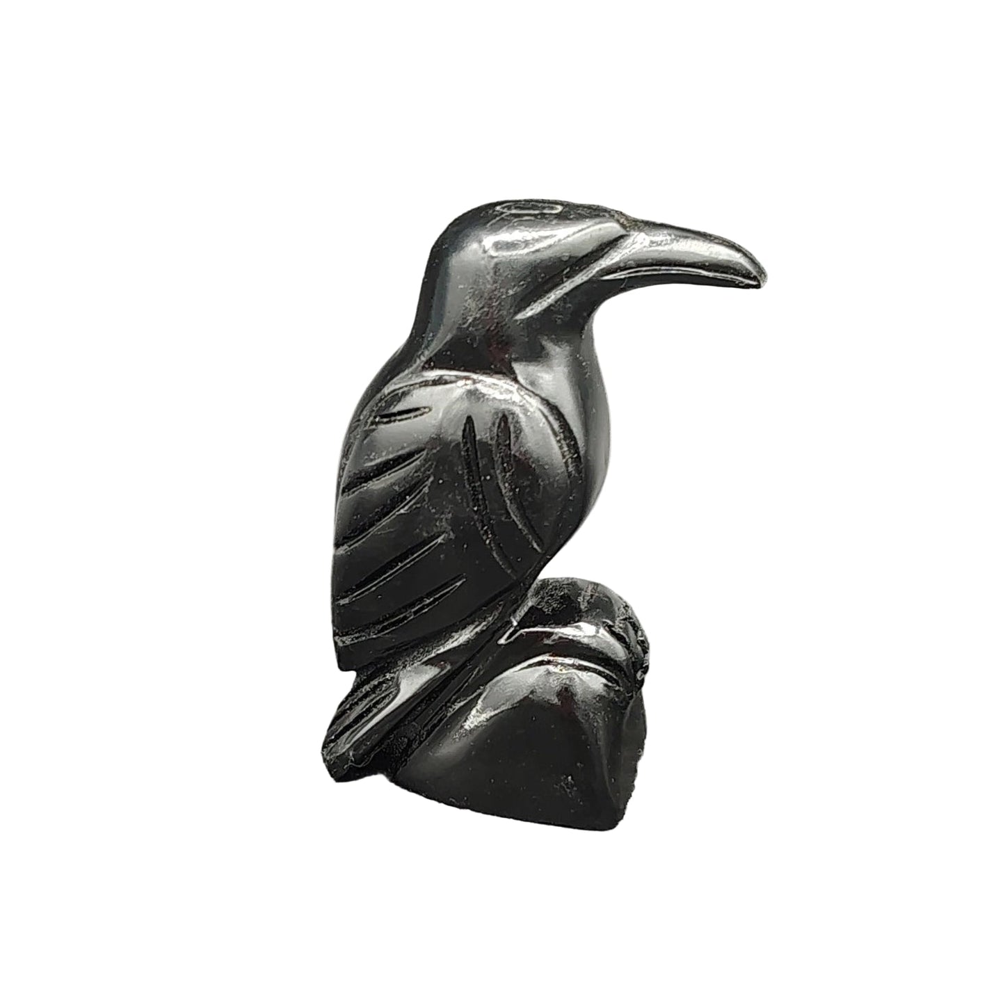 This is the right side of this polished hand carved black onyx raven.