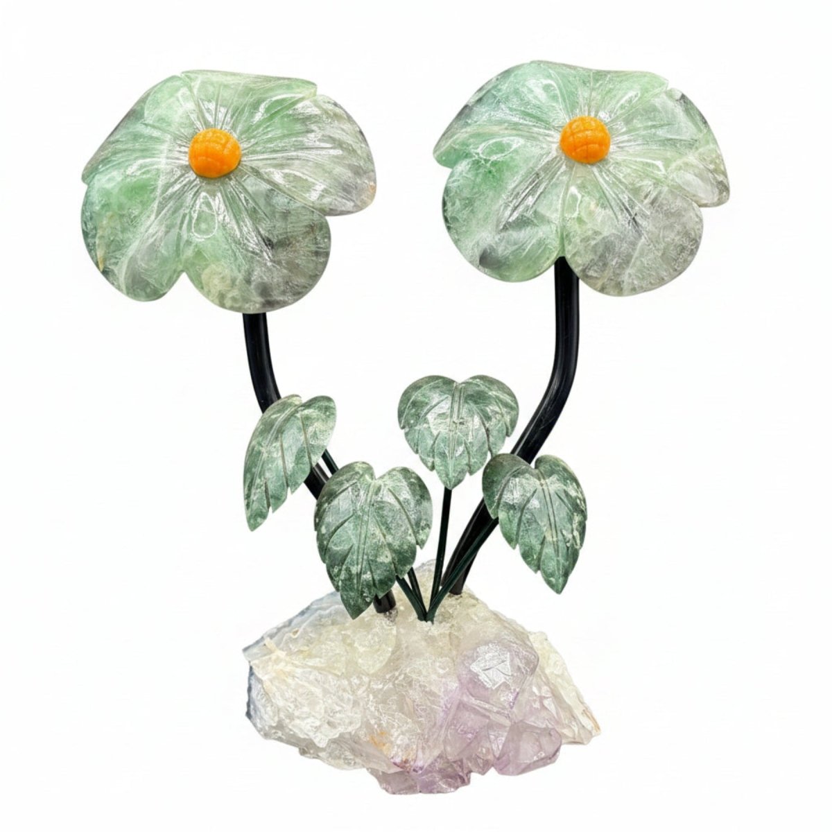 Front side of this double fluorite daisy on a purple amethyst base, in front of a white background.