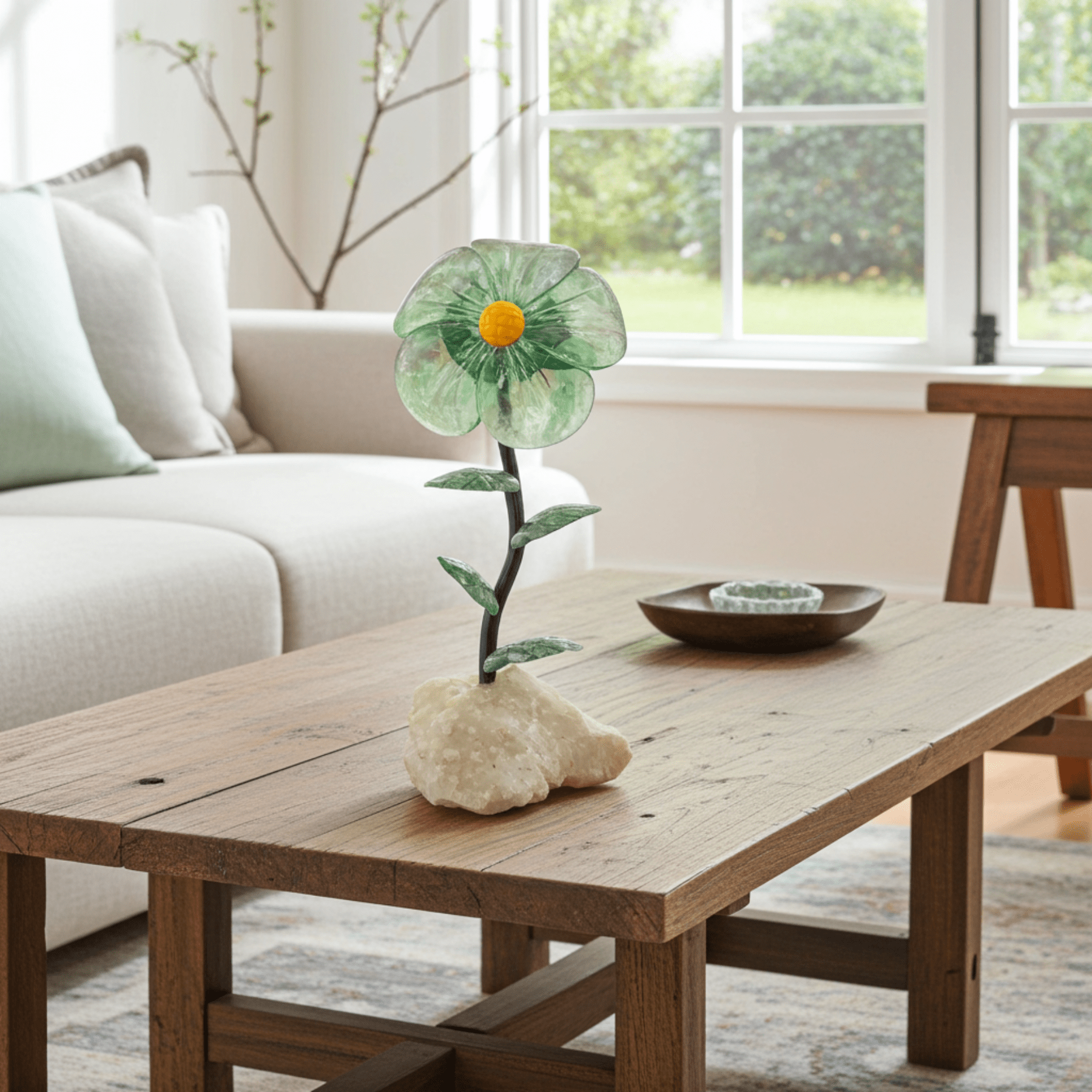 Wooden coffee table with decorative items in a living room setting, including the Fluorite daisy.