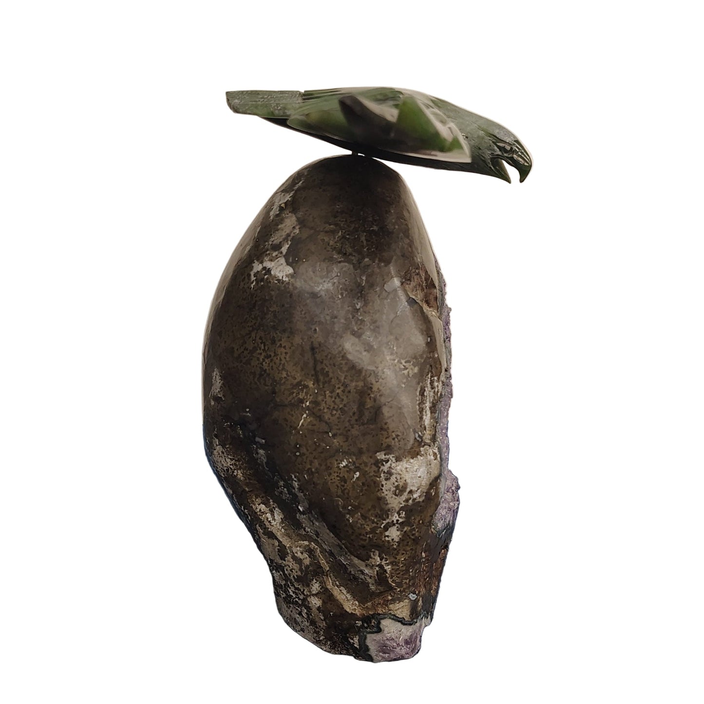 This is the right side of this jade eagle on a amethyst geode base